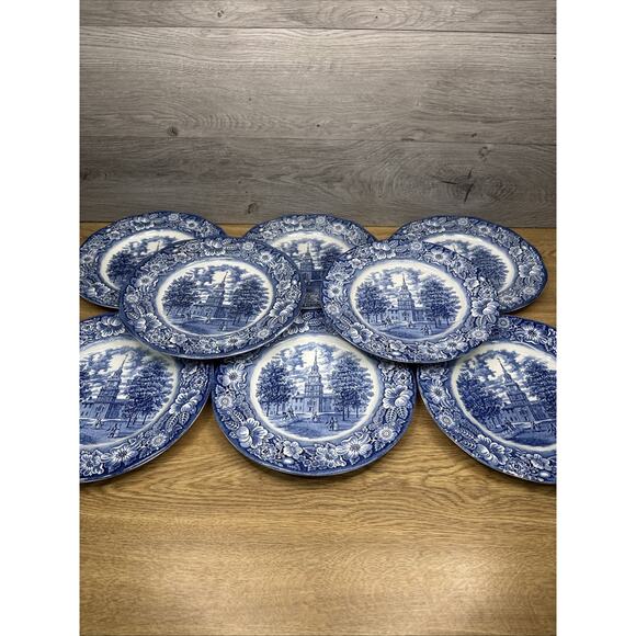 VTG Liberty Blue Staffordshire Independence Hall 9-3/4” Dinner Plates~ set of 4.